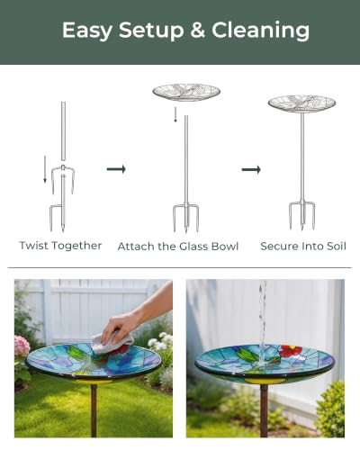 Glass Bird Bath Small Birdbath for Garden Decor, Blue | 10.6" Bowl, 26" Height 4-Prong Stable Stake Easy to Clean Outdoor Bath or Feeder for Hummingbirds & Small Birds, Handcrafted