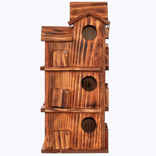 MIXUMON Wooden Bird Houses for Outside – 15 Rooms Multi-Chamber Bird House, Carbonized Pine Rustic Finish, 1.57" Entrance Holes, Individual Cleaning Doors, Decorative Outdoor Bird Nesting Box