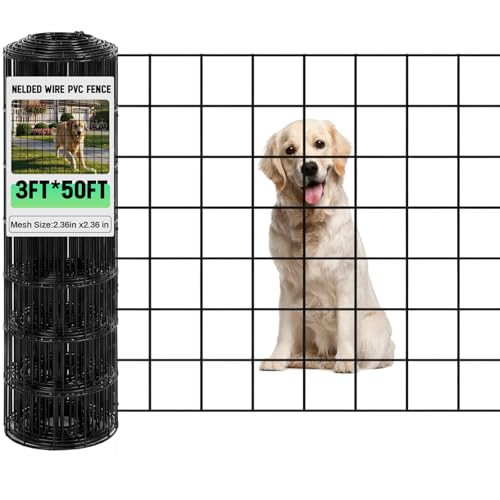 Gisafai 16 Gauge Galvanized Welded Wire Fence 3 ft x 50 ft PVC Coated Hardware Cloth, 2.36" x 2.36" Mesh, Heavy Duty Garden Fencing Roll for Yard Chicken Dog, Deer Cattle & Animal Protection(Black) - color: Black, size: 3 ft X 50 ft