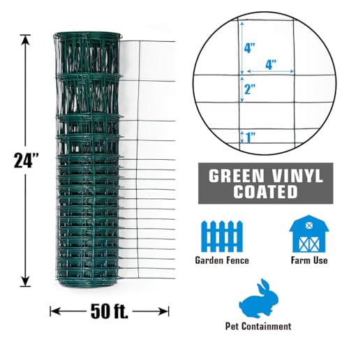 Fencer Wire Green Vinyl Coated 16 Gauge Rabbit Guard Fence, Poultry Outdoor Fencing Barrier Wire Roll for Garden Yard, Protecting Against Rabbits, and Other Small Animals Damage (24 in. x 50 ft.) - size: 24 in. x 50 ft., style: Green Vinyl Coated
