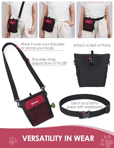 4 Cup Dog Treat Pouch with Silicone Insert Bag& Clicker(Red) | 2 Pair Magnetic Closures, Belt Clip/Waist Belt/Crossbody Wear, Zipper Pocket Poop Bag Holder for Pet Training/Daily Walking - color: Red