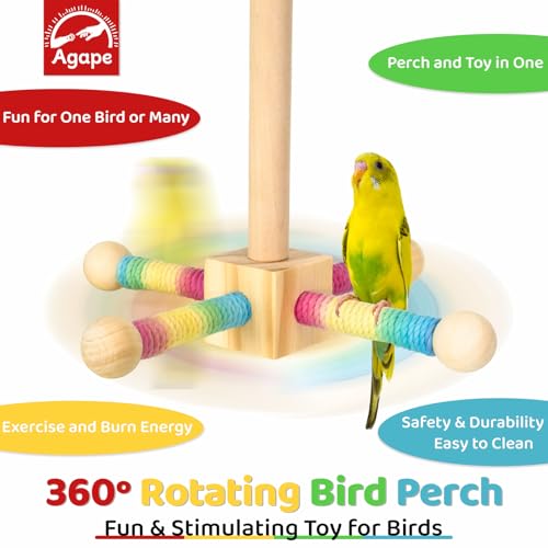 Agape 360° Rotating Bird Perch Stand, Wooden Parrot Exercise Toy | Bird Cage Accessory for Small-Medium Birds: Parakeets, Cockatiels, Lovebirds, Conures, Finches, Budgies, Parrotlets, Quakers - size: Small