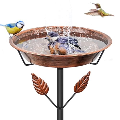 37.8In Metal Bird Bath for Outside, Vintage Birdbaths Removable Feeder Bowl with 5 Prongs Base Stake, Easy to Clean Birdfeeder for Outdoors Garden Yard Lawn Decor(Vintage Brown, Leaf) - color: Vintage Brown, Leaf
