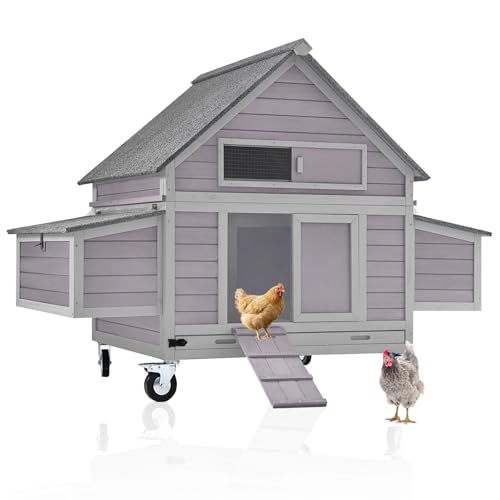 Aivituvin 63.7" Large Chicken Coop on Wheels – Movable Wooden Hen House for 3-6 Chickens with 2 Nesting Boxes, Removable Tray & Raised Design for Better Poultry Care - size: 67.3"L x 40.0"W x 49.8"H