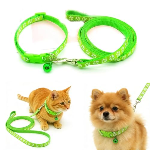 Green xs Dog Collar Leash Set, Puppy Collar Girl Reflectived Paw Print for XXS Xs Small Dog Cat Pet Animal Litter Tiny Kitten Boy Girls - color: bright green