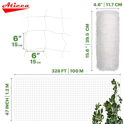 ATICCA Plastic Trellis Netting 47" x 328 ft Heavy Duty Plant Support Netting White - 6 Inch Garden Trellis on Roll - Mesh for Growing Vine Climbing Plants, Flowers, Peas, and Cucumber - size: 47''x328ft Plastic Trellis Netting
