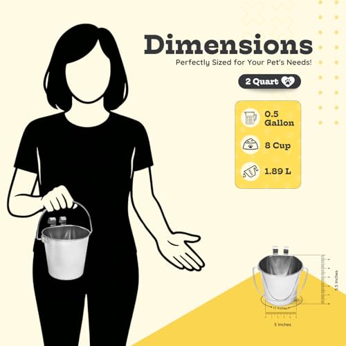 Stainless Steel Flat Side Bucket with Dual Hooks 2 Quart (0.5Gallon)– Heavy Duty Hanging Dog Water & Food Bowl Kennel, Cage & Crate, Durable Pet Pail for Dogs, Cats, Birds & Small Animals - size: 2 Quart