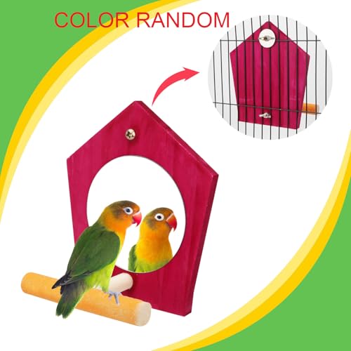 Hypeety Bird Mirror Toy with Perch Cage Standing Perch Wood Toy for Parrots | Natural wooden perch included, clear acylic miror, for parakeet/cockatiel/finch/conure/lovebird, random color, rhombic shape - color: Rhombic Shape