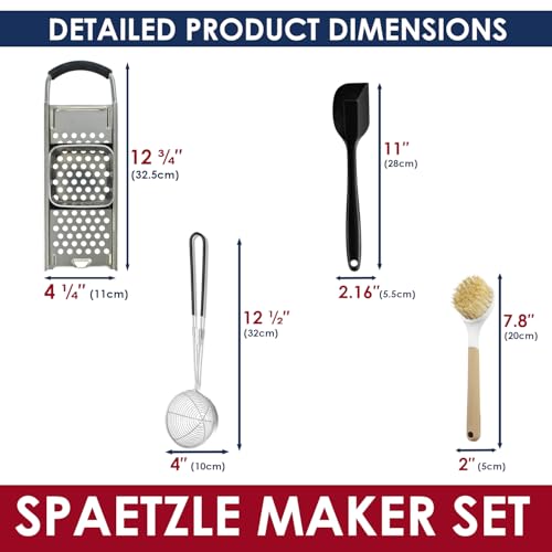 Premium Grade Stainless Steel Spaetzle Maker with Comfort Grip Handle, Stainless Steel Spider Strainer Skimmer Spoon with Cleaning Brush, Homemade German Egg Noodle Dumpling Making Tool Set