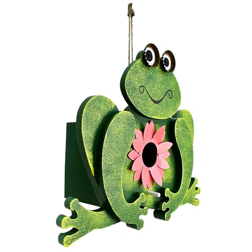 Wood Frog Bird House for Outside Decorative Bird Houses Hanging Outdoor Garden Patio Yard Hand-Painted Green Birdhouse Nesting Box for Bluebird Finch Wren Sparrow Chickadee (1)