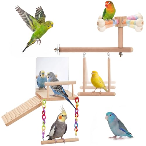2 Pcs Bird Parakeet Toys, Bird Perch Platform Swing Mirror Ladder with 360° Spin Function, Hanging Parakeet Swing Birds Cage Accessories Toys for Cockatiel Lovebird Parrot