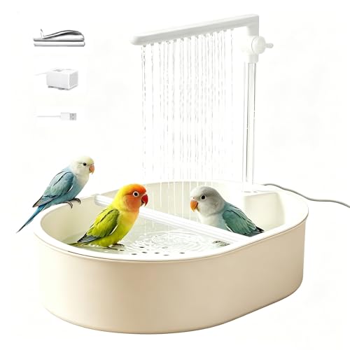 Automatic Parakeet Bird Bath with Pump,Automatic Bath Shower(Beige) | Bird Shower Fountain Bathtub with Running Water,For Birds African Grey Amazon Conure Parakeet Cockatiel - color: Beige