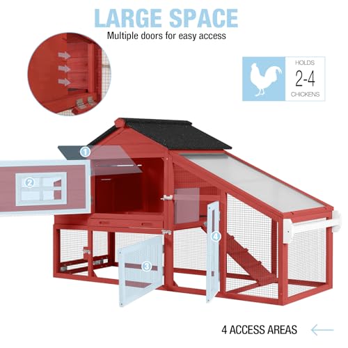 Large Chicken Coop with Run, Mobile Chicken Tractor with Wheels, Wooden Hen House with Waterproof Roof, Nesting Box and Pull-Out Tray, Poultry Cage for 4 Chickens, Rabbit/Bunny Hutch (Red) - color: Red
