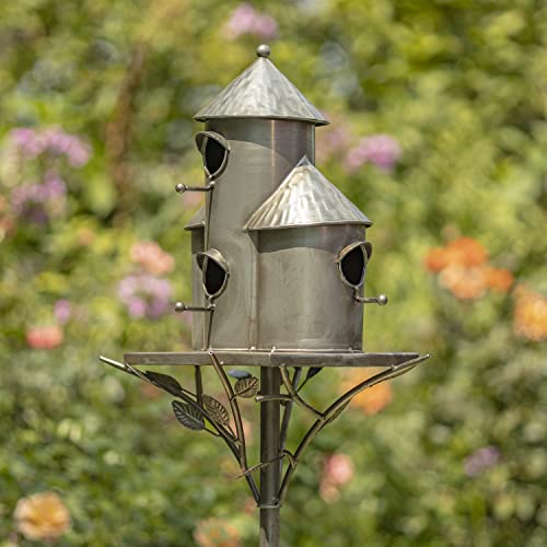 Zaer Ltd. Large Silver Colored Multi-Birdhouse Stakes, Room for 4 Bird Families in Each (Plump Triple Cylinder Homes (Silver Color)) - style: Plump Triple Cylinder Homes (Silver Color)