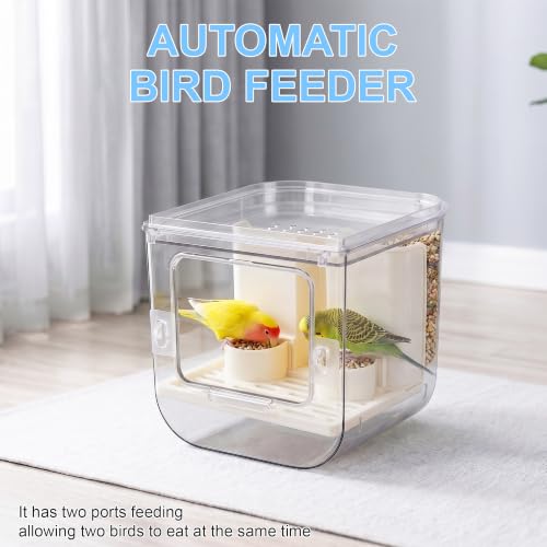 Automatic No Mess Bird Feeder for Cage 2-in-1 Transparent Parrot Seed Food Container & Bird Bath Box with 27oz Capacity Spill-Proof Bird Accessories for Lovebirds Cockatiels Canaries (Shower)