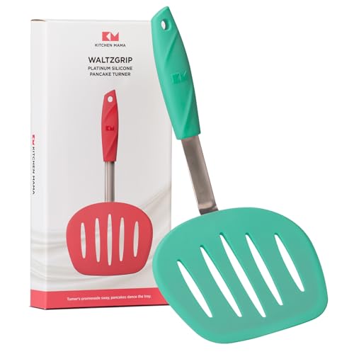 Kitchen Mama WaltzGrip Platinum Silicone Pancake Spatula Turner, Teal | Heat-Resistant, Slotted Tapered Head, Stainless Steel Core, Durable and Dishwasher-Safe, For Flipping and Wok Use - color: Teal
