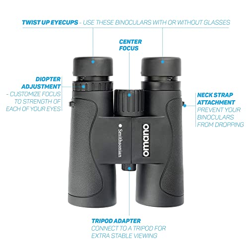 Smithsonian Adult Birding Binoculars - 10x42, Phone Adapter, Diopter Adjustable - Ideal for Hiking, Travel - Includes Bird Watching Guide
