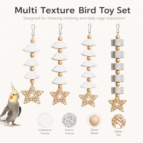 4 Pack Hanging Bird Chew Toys for Small Birds Cuttlebone and Pumice Cage Toys with Rattan Star and Wood Beads for Cockatiel Budgie Parakeet Conure Lovebird - size: 4 Pack