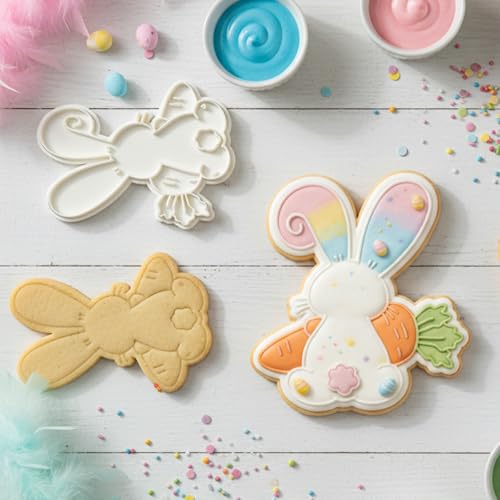 Easter Cookie Cutters Rabbit 3.5" with Plunger Stamps Handle Spring Holiday PLA Baking Molds Gifts Decorative Party Kitchen Cake Supplies - color: Rabbit Holds Carrot