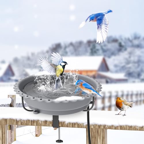 Heated Bird Bath for Outdoors,Deck Railing Heated BirdBaths,Grey | Upgraded 100W,Thermostatically Controlled,Adjustable Clamp 3.2",Easy Clean/Install,Detachable Bowl,Garden Yard Patio Lawn - color: Gray