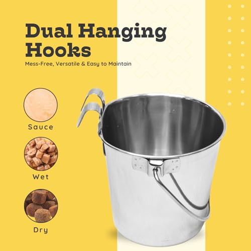 4 Quart Stainless Steel Flat Sided Bucket with Dual Hooks | 1 gal Durable Food & Water Bowl for XL Dogs, Cats, Goat & Livestock | Fits kennel Cage Critter Crate | Hanging Utility Pet Pail - size: 4 Quart