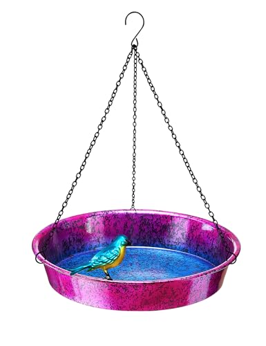 Hanging Bird Bath for Outside, 11.5” Metallic Purple & Blue Metal Birdbath Bowl & Feeder with Black Chain Outdoor Garden Yard Decor - color: Metallic Purple & Blue
