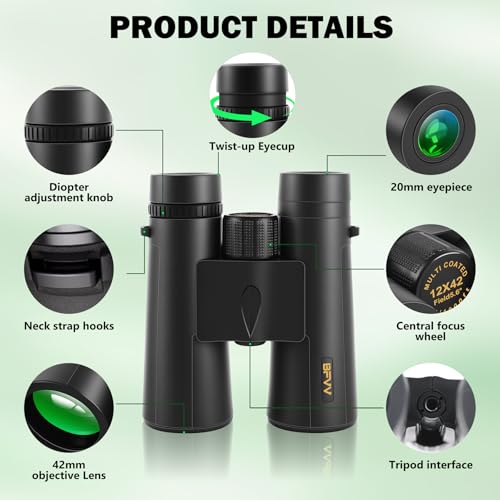 12x42 HD Compact Binoculars for Adults High Powered, for Bird Watching | Large View Binoculars with Clear Low Light Night Vision, Waterproof Binoculars for Hunting Hiking Travel Sport Gift for Men
