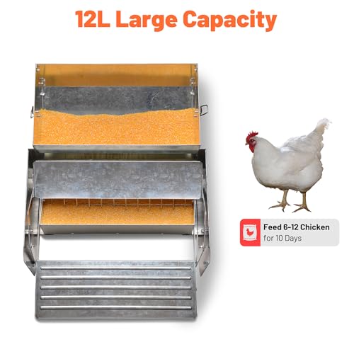 Yescom 26lbs Automatic Treadle Chicken Feeder Portable with Lock Rat Proof | Weatherproof Galvanized Steel Trough Poultry Farm Tank 12L for 6-12 Chicken 10 Days