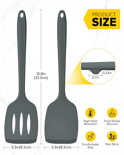 Pack of 2 Silicone Spatula Turners, Non Stick Slotted Kitchen Spatula Set, Heat Resistant BPA Free Kitchen Utensils, One-Piece Design, Suitable for Flipping Fish, Eggs, Steak, Pancakes(GRAY) - color: Gray