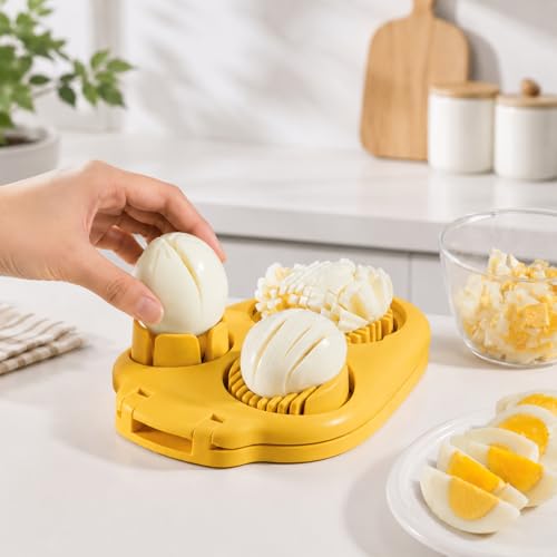 Egg Cutter, 2 Piece Set in Yellow 3 in 1 Hard Boiled Egg Slicer and Dicer with Cleaning Brush, Kitchen Tool for Quick Meal Prep and Snack Preparation