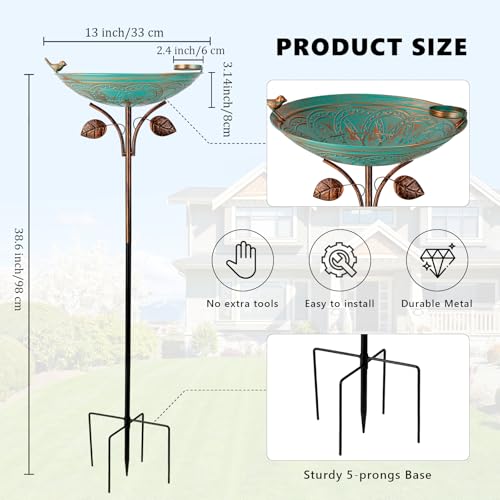 Metal Bird Baths for Outdoors, 39" H Birdbath with 13 Inch Bowl | Standing Bird Bath & Bird Feeder with Stake for Outside Garden Patio Yard Lawn Decor,Green - color: Green