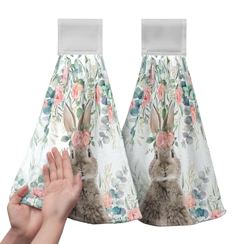 Bunny Eucalyptus Leaves Flowers Easter Kitchen Towels with Hanging Loops Spring Holiday Decoration Rabbit Floral Hanging Hand Towels Set of 2 Dish Towel Soft Absorbent Bath Tie Towels - color: Bunny Eucalyptus Leaf Flowers