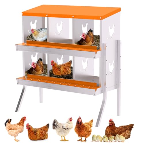 Chicken Nesting Box, 6 Compartment Galvanized Steel Chicken Laying Boxes, Heavy Duty Rustproof Chicken Coop with Easy Egg Collection for Backyard Farms - with Bracket Legs, Orange - color: orange, size: 6 holes with legs