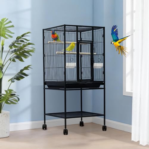 41" Large Bird Cage, Parrot Bird Cage with Rolling Stand & Storage Shelf, Heavy Duty Wrought Iron Flight Cage, Secure Lock, Ideal for Parakeets, Parrots, Cockatiels, Conures, Lovebirds - size: 25.4"L x 19.7"W x 5.9"H