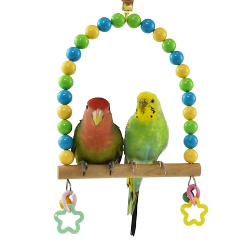 Wooden Bird Swing for Cage Large Parrot Hanging Toys Cockatiel Perch Stand | Colorful Acrylic Beads, Budgie Chewing Toy with Bell, Parakeet Climbing Training Set, Quaker Conures Birdcage Accessories - color: Oceanic palette