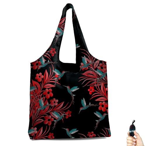 BeeGreen Reusable Grocery Shopping Bag -Travel Tote Bag - Foldable Compact Sturdy Bags - color: Red and Black Birds, style: Standard Extra Large