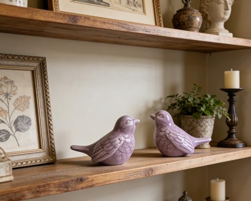 Set of 2 Ceramic Purple Bird Figurines, 3.75 Inch Modern Bird Statues Home Decor, Cute Small Knick Knacks for Shelf, Office, Living Room, Bathroom, Kitchen, Housewarming Gift - color: Purple