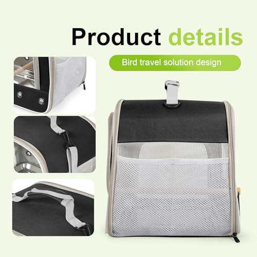 Bird Travel Carrier Cage for Medium Parrot, Portable Bag with Metal Tray to Carry and Transport Medium and Large Birds Like African Grey, Long Tail Cockatiel (Black, Large Carrier) - color: Black