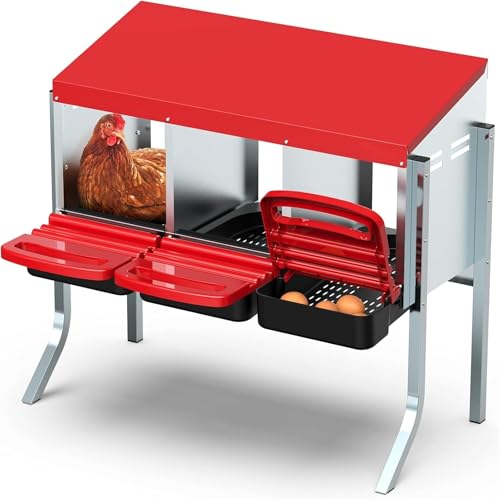 HOSTIC Red Chicken Nesting Box for Laying Egg | with 3 Compartment and Metal Legs Chicken Egg Laying Box with Lid Cover