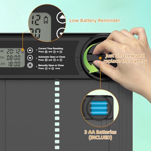 Automatic Chicken Coop Door, Battery Powered Electric Chicken Coop Door with Smart Timer, Anti-Pinch Sensor, LCD Display& Low Battery Reminder for Hens, Ducks, Geese Poultry