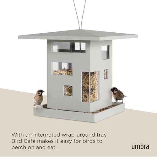 Umbra Bird Cafe Bird Feeder, Outdoor Hanging Seed Dispenser, Grey | Wrap-around tray, steel cable, easy refill, weather resistant, plastic