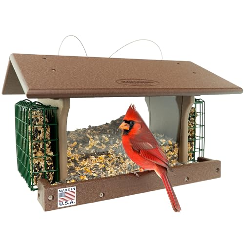 DutchCrafters Poly Hanging Large Hopper Bird Feeder with Two Suet Cake Holder Cages, Durable Long Lasting Outdoor Bird Feeder - Amish American Made in USA (Tudor Brown & Weatherwood) - color: Hanging - Tudor Brown & Weatherwood