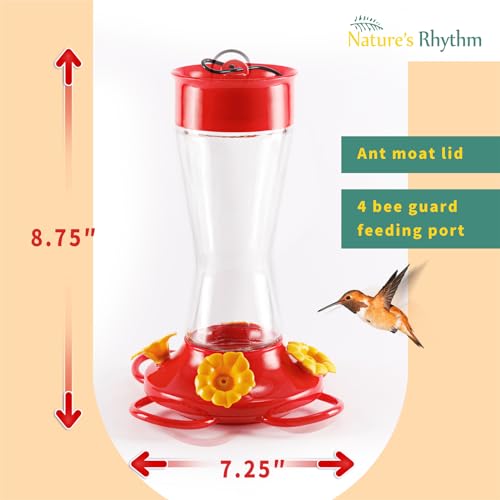Nature's Rhythm Bird Feeder 4 bee Guard Plastic Yellow Flowers Feeding Port 8oz Glass Pinch Waist Hummingbird Feeder (1Pcs) - color: Red-Yellow Flowers, size: 1pcs