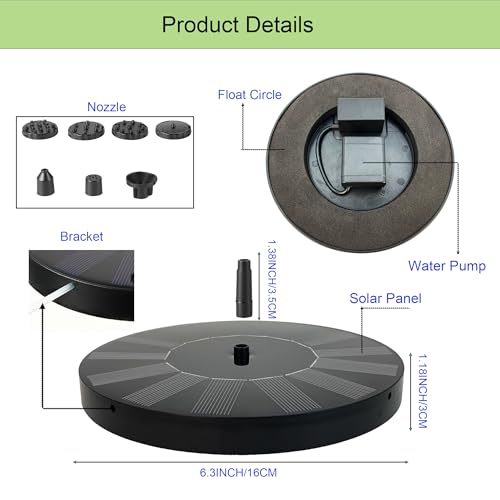 Solar Fountain for Bird Bath, 1.4W Floating Water Pump, 6 Nozzles