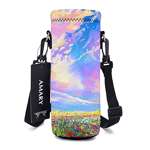 AMARY 500ML Neoprene Water Bottle Carrier Bag with Adjustable Shoulder Strap,Insulated Water Bottle Cover for Stainless Steel/Glass/Plastic Bottles 16.9OZ (colourful clouds) - color: colourful clouds