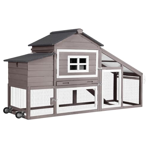 GUTINNEEN Chicken Coop with Wheels Mobile Outdoor Hen House Weatherproof Duck Cage with Large Nesting Box, Leak-Proof Tray, UV-Resistant Roof for 2-4 Chickens (Brown & White) - color: Brown & White
