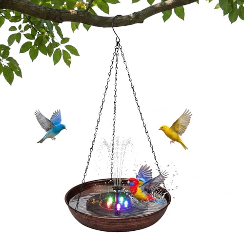 Edenseelake Hanging Bird Bath with Multii-Color Light Solar Powered Fountain for Outside, Metal Bird Feeder with Detachable Bowl for Outdoors Lawn Patio Yard Garden Decor