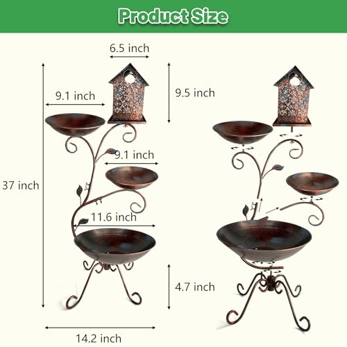 Bird Bath for Outside, 37" Antique Brass Metal Bird Bath Outdoors with Solar Lights, 4-in-1 Rust-Resistant Bird Feeder and House Combo, Detachable Flower Pots for Garden Yard Patio Decor - color: Brown S Shape-with Solar Light
