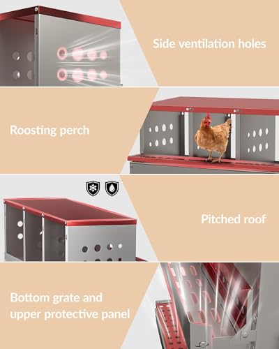 Chicken Nesting Box for Laying Eggs, 10-Compartment Galvanized Steel Nesting Boxes for Hens, Front Access Egg Tray, Easy Wall Mount Design, Includes 10 Training Eggs - color: Red