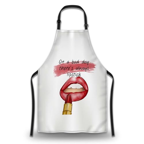 Kitchen Apron for Women Red Lips Quotes on a Bad Day There’s Always Lipstick Funny Aprons for Men for Cooking Restaurant BBQ Painting Crafting Gardening 27” (W) x 31” (H), Waterproof Apron - color: Red Lips